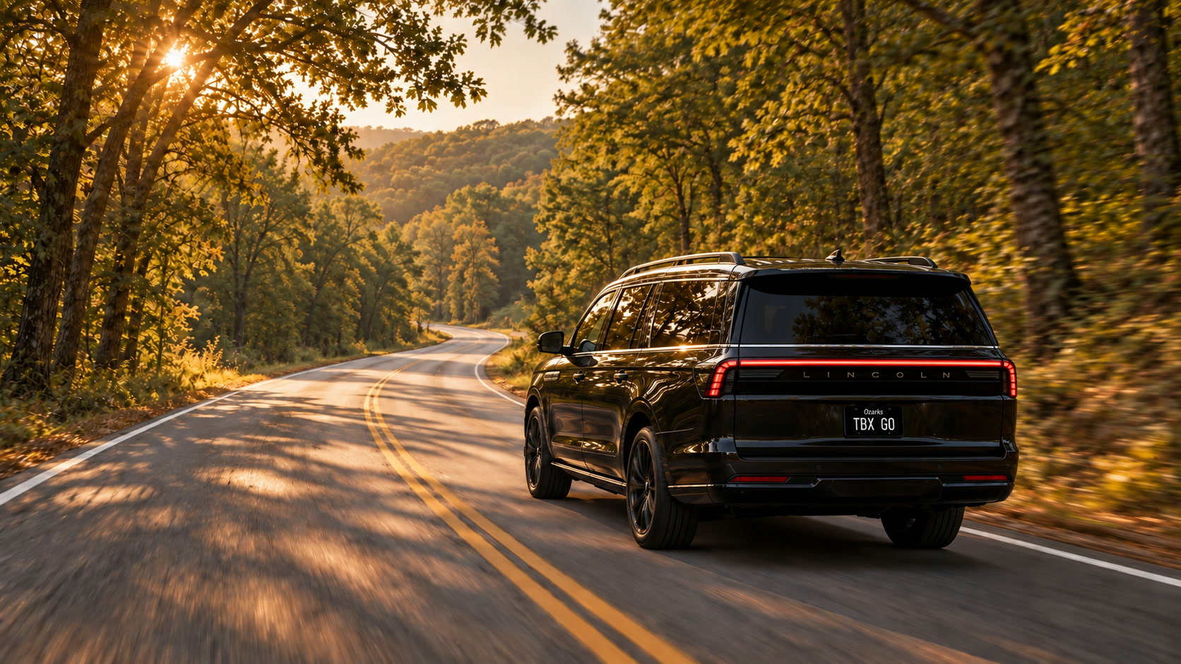 Our black 2025/26 Lincoln Navigator L with Jet Appearance Package and TBX GO plate, imagined driving through the Ozarks